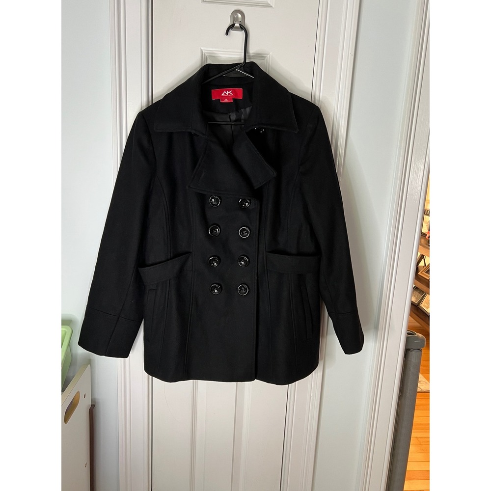 Anne Klein Sport Womens Black Wool Blend Double Breasted Pea Coat Jacket XL